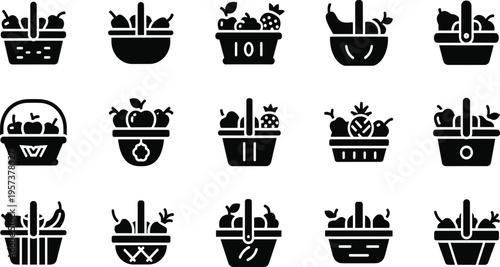 Fruit basket vector silhouette set with fresh produce containers, black food hamper collection for grocery and market design isolated on white background.