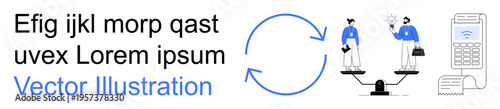 Business decisions, equality, professional negotiation, financial trade-offs, teamwork, business communication. Circular process with two professionals and balance scales. Business decisions