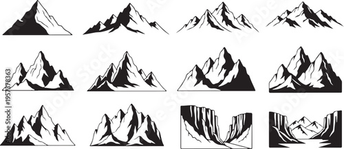 Collection of black and white mountain silhouettes in various styles. Collection of silhouette images isolated on transparent