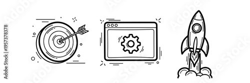 Target setting, web development, and rocket launch icons in black and white outline design