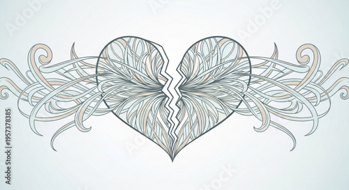 Intricate broken heart line art with swirling floral patterns on white background symbolizing love and heartbreak