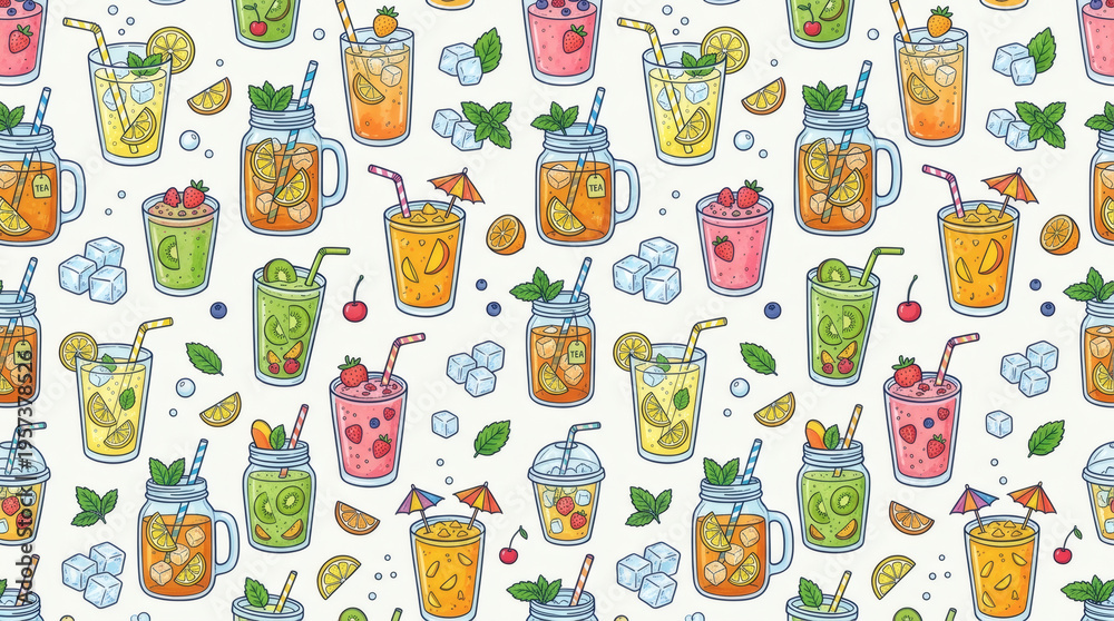 Seamless pattern of refreshing summer drinks. Lemonade, iced tea, smoothies, ice cubes in clean bright doodle style, no text.