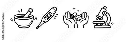 Healthcare icons: mortar pestle, thermometer, medicine, microscope