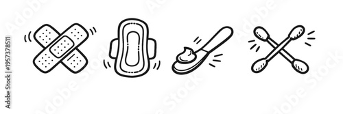 Healthcare essentials icons: bandages, sanitary pad, cream, cotton swabs