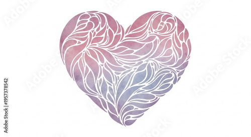 Heart with floral pattern in pink purple and white on a plain background