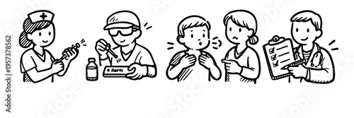 Illustration of medical consultation and vaccine preparation scenes