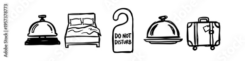 Set of five hand-drawn hotel icons: reception bell, double bed, do not disturb hanger, room service cloche, and suitcase. Minimalist black and white sketch for travel and hospitality themes.
