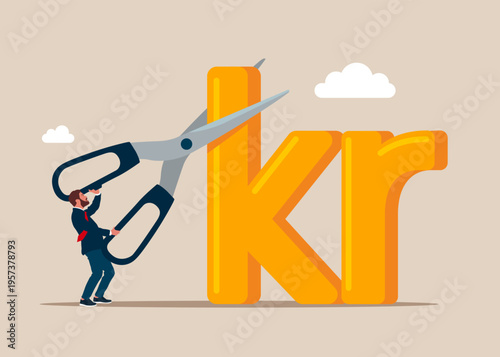 Businessman cutting scissors to cut Sweden currency Swedish krona. Cost reduction or cut price. Crisis. Flat vector illustration.