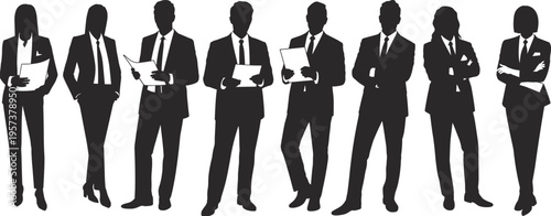 Black Silhouette of Business People Group Standing in Suits Illustration Isolated on White Background for Corporate Teamwork and Leadership Concepts