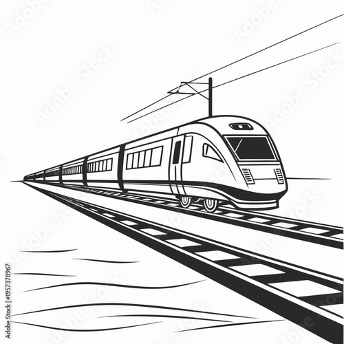A black and white illustration of a modern train traveling on train tracks with overhead wires