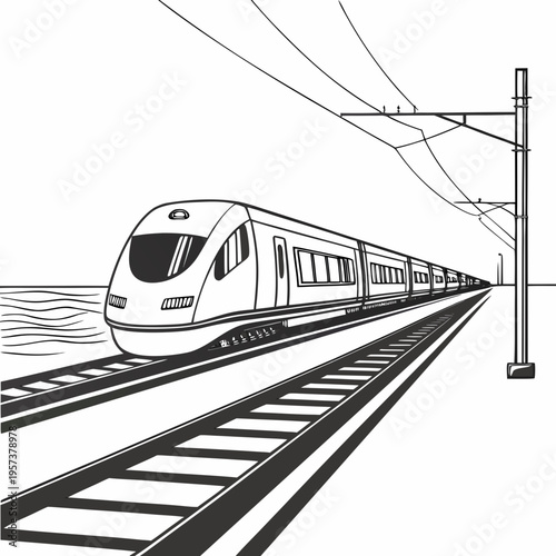 Black and white illustration of a modern train traveling along railway tracks with overhead wires
