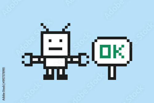 Cartoon cute robot robotic ai business enginner 8 bit with bot,toy,artificial intelligence,pixel,background.
