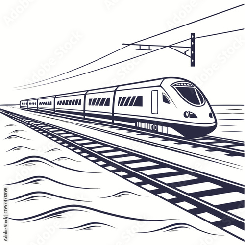 A sleek bullet train travels along the railway tracks on a sunny day with a beautiful landscape view