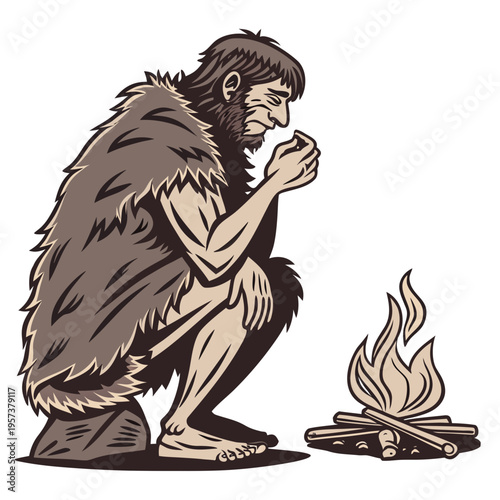 Caveman sitting by a campfire eating food