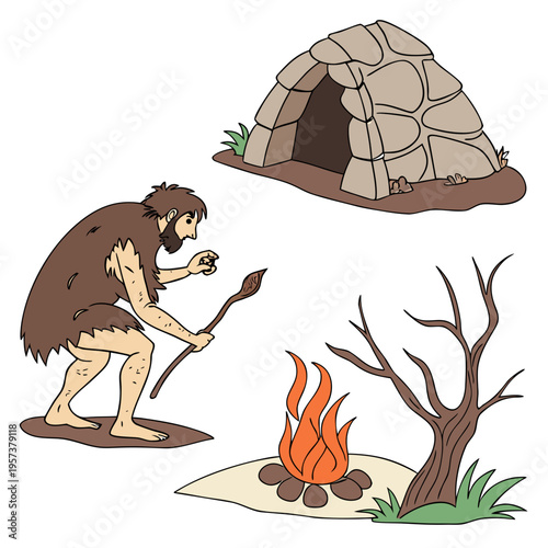 Cartoon caveman with spear standing next to campfire and hut