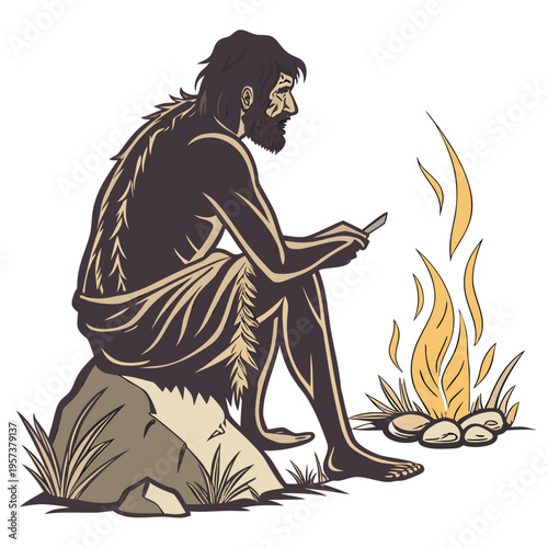 Caveman sitting on rock by campfire using smartphone in a primitive setting