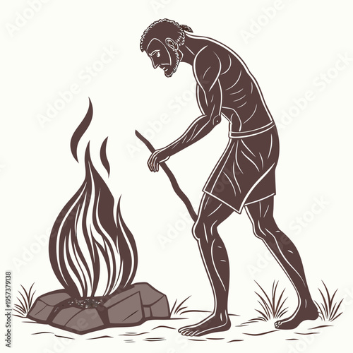 A vector illustration of a caveman trying to start a fire with a stick and rocks outdoors in a primitive setting