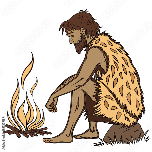 Ancient caveman sitting by a campfire in a primitive outdoor setting