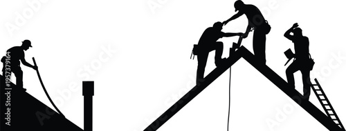 Black Silhouette of Construction Workers Repairing a House Roof Top Isolated on White Background for Industrial and Home Renovation Concepts