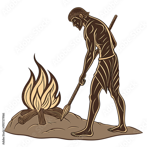 A caveman poking a fire with a stick while standing on a with a sword on his back