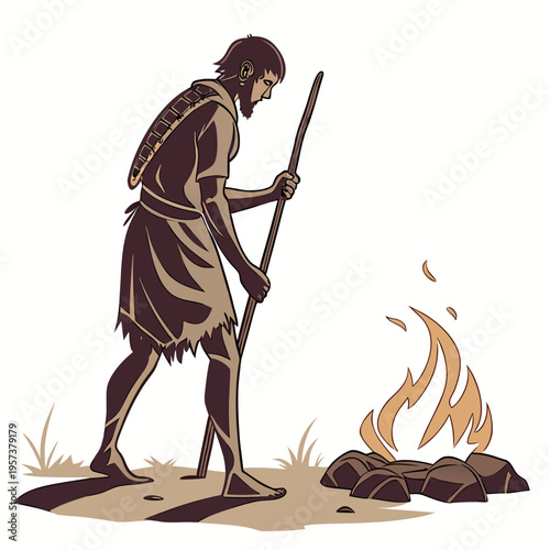 A caveman or a primitive man wearing a fur loincloth standing next to a campfire and holding a club or a spear in his hands