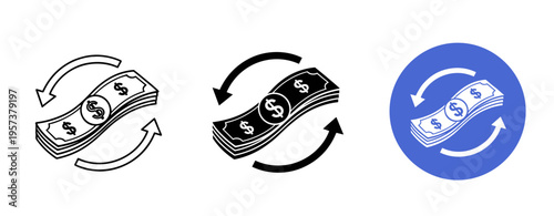 Three money transfer icons: black outline, filled, and blue circle design