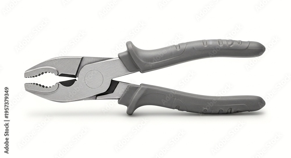 Obraz premium A pair of needle-nose pliers with gray rubber handles on a white background