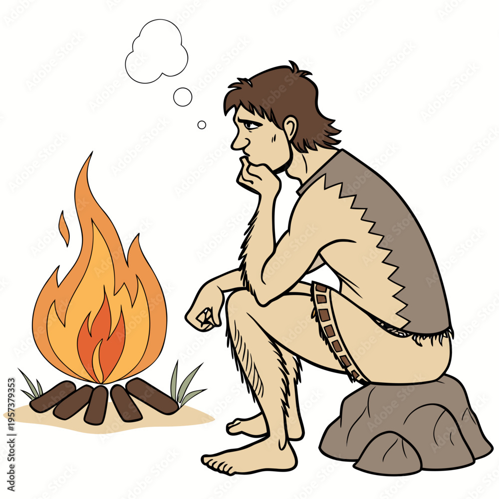 Obraz premium A cartoon caveman sitting next to a campfire thinking deeply