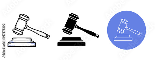 Set of three judge gavels in different styles on white background