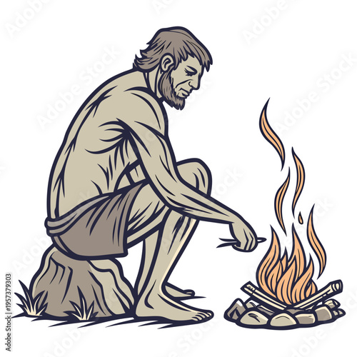 A caveman sitting by a campfire with a stick in hand