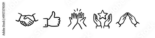 Set of five minimalist line art icons symbolizing business success and teamwork, featuring a handshake, thumbs up, high five, star reward, and hands forming a protective roof.