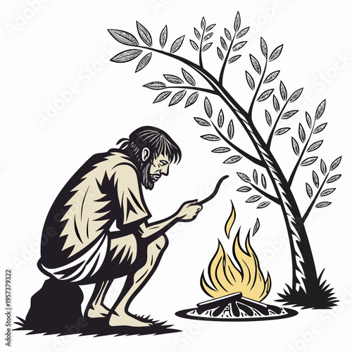 Primitive caveman cooking food on fire near tree