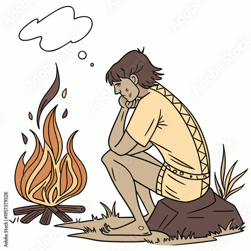 A cartoon caveman sitting by a campfire with a thought bubble, looking contemplative and