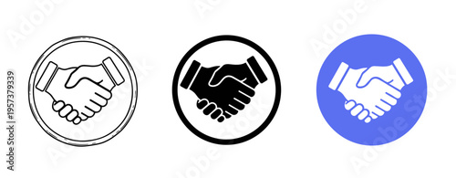 Three handshake icons in various styles: outlined, solid, and colorful