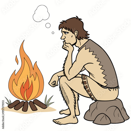 A cartoon caveman sitting next to a campfire thinking deeply