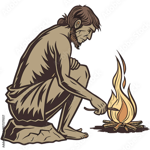 Caveman starting a fire with sticks