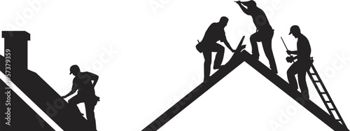 Black Silhouette of Construction Workers Repairing and Building a House Roof Top Isolated on White Background for Home Renovation Concepts