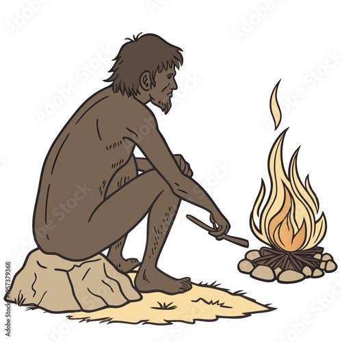 Caveman sitting on a rock next to a campfire
