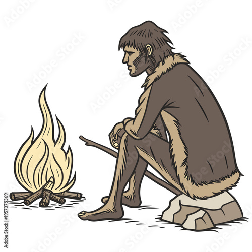 Caveman sitting by campfire wearing fur loincloth and fur lined cape