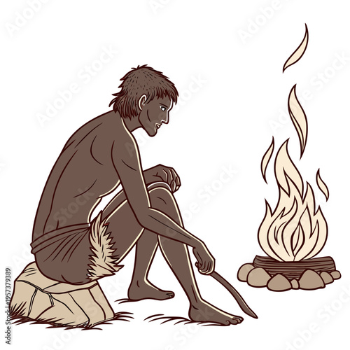 Caveman sitting by campfire with a stick in hand