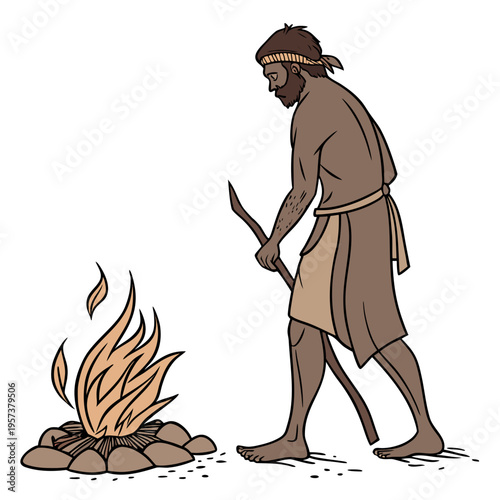 Ancient man in a loincloth standing next to a campfire with a stick
