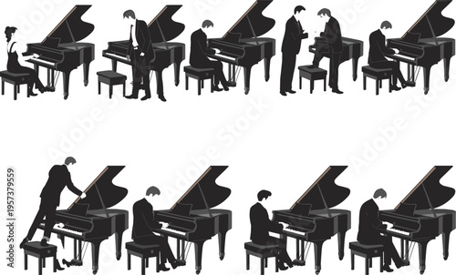 Elegant grand piano performance sequence, classical musicians practice, rehearsal, teaching moments, artistic silhouette illustration