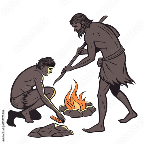 Two cavemen making fire with sticks and rocks in a primitive setting