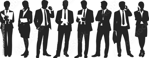 Black Silhouette of Diverse Business People Group in Suits Standing and Communicating Isolated on White Background for Corporate Teamwork Concepts