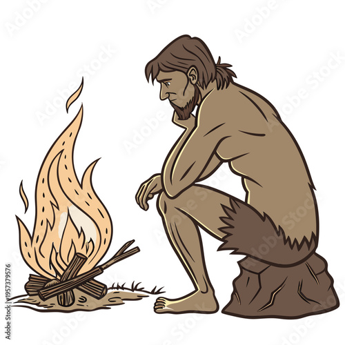 Caveman sitting by a campfire in a primitive outdoor setting