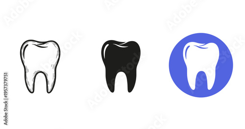 Set of tooth icons in sketch, solid, and circular blue background styles