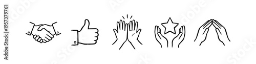 Set of hand-drawn business icons featuring a handshake, thumbs up, high five, hands with a star, and protective hands. Black ink doodle style representing partnership, success, and teamwork.