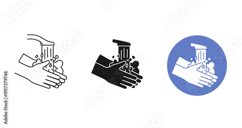 Hand washing icon set: black, white, blue variations with running water and soap bubbles