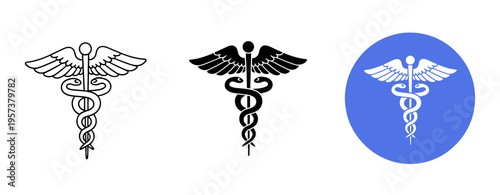Caduceus symbol variations: black and blue design concepts