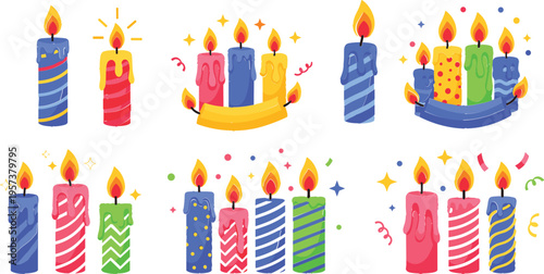 Colorful Birthday Candles and Party Decorations Collection with Stripes, Dots, Candies, Confetti, and Festive Elements for Celebration Designs